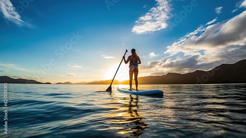 Joyful Woman Stand-Up Paddleboarding on Azure Waters. Generative Ai.  © Dangubic