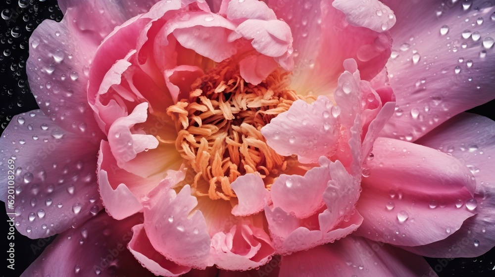 Pink Peony flowers with water drops background. Closeup of blossom with glistening droplets. Generative AI Pink Peony flowers with water drops background. Closeup of blossom with glistening droplets. Generative AI