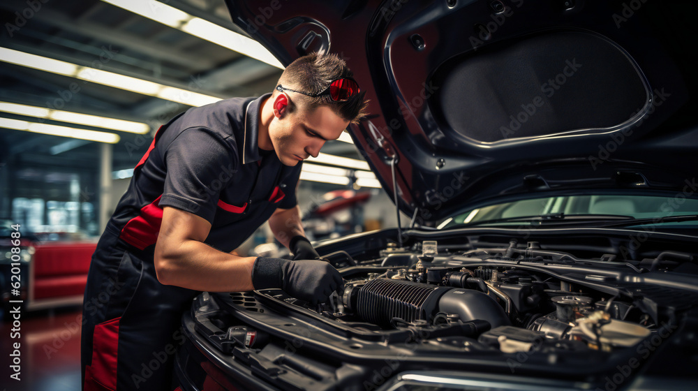 Car Repair Man, Mechanic in Garage, fixing engine Car Repair Man, Mechanic in Garage, fixing engine