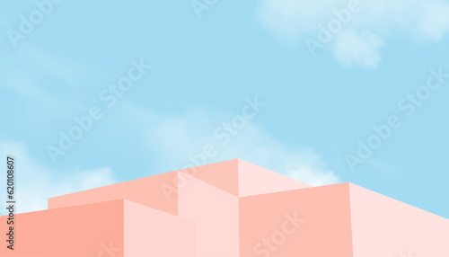 Sky Blue and clouds background with 3d Beige podium step,Vector illustration banner with Stage Showcase mockup, Minimal design Backdrop for Spring, Summer Sale, Cosmetic product