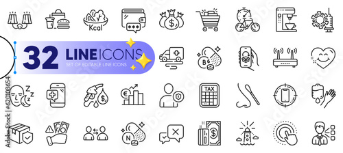 Outline set of Bike timer, Wifi and Ambulance transport line icons for web with Click hand, Coronavirus vaccine, Security thin icon. Reject, Blood, Lighthouse pictogram icon. Vector