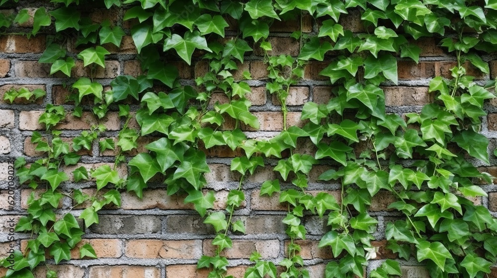 Wall adorned with a green leaf plant, specifically an ivy vine, showcasing the lush and vibrant leaves that cascade down the surface. Generative Ai Wall adorned with a green leaf plant, specifically an ivy vine, showcasing the lush and vibrant leaves that cascade down the surface. Generative Ai