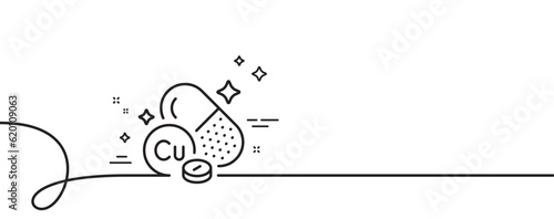 Copper mineral line icon. Continuous one line with curl. Chemical element Cu sign. Capsule or pill symbol. Copper mineral single outline ribbon. Loop curve pattern. Vector