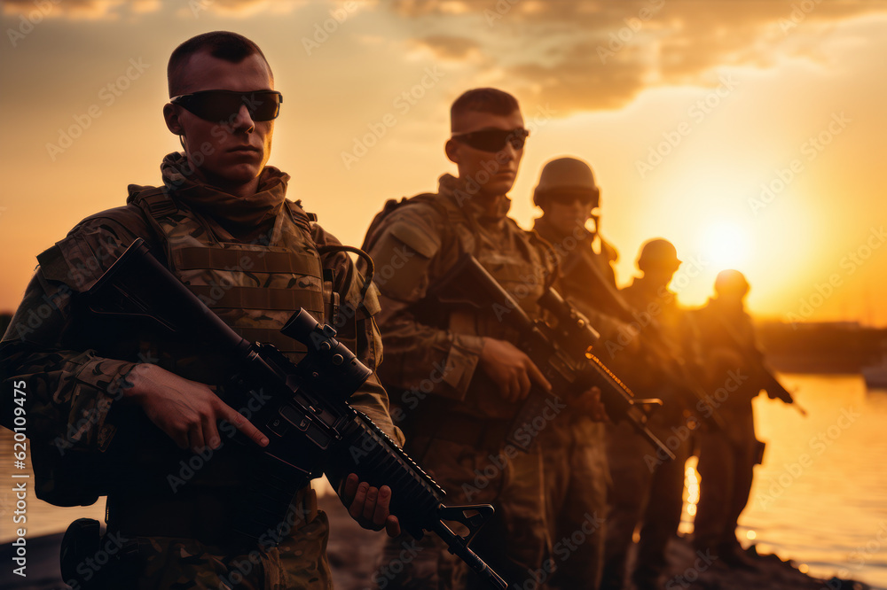 Special forces soldiers team on battle field at sunset Special forces soldiers team on battle field at sunset