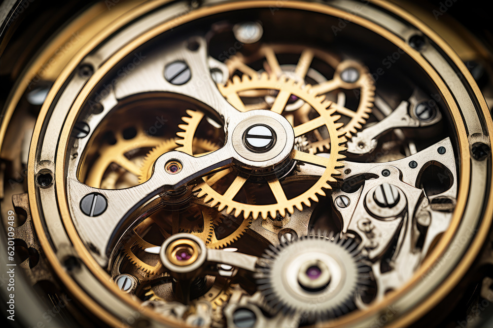 Elegant retro clockwork mechanism with cogs and gears close-up