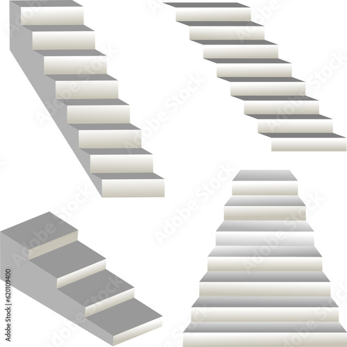 White stairs  3d interior staircases isolated on white. Vector steps collection. Staircase for interior illustration isolated on white background.