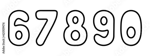 Numbers from 0,6,7,8,9. Arabic number symbols with rounded corners. Sketch. Vector illustration. Doodle style. Coloring book. Counting training. Outlines on an isolated background. 