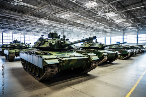 Fototapete Military factory producing modern tanks for army