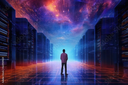 Man standing around large computer data center. Created with Generative Ai technology.