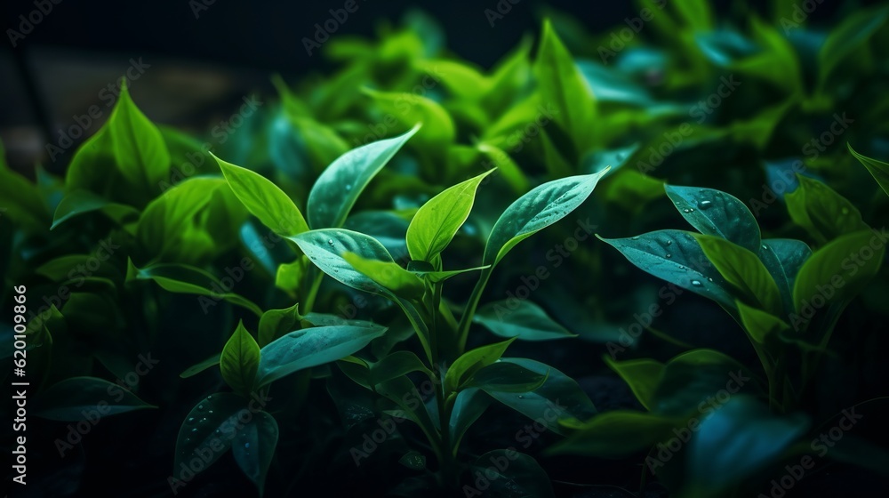 Obraz premium Close-up view of dark green leafed plants in nature, showcasing the intricate details of the leaves. Generative Ai