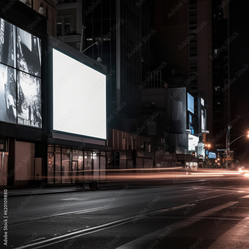 Town billboard, night and mockup for marketing, blank advertising space or ai generated information Town billboard, night and mockup for marketing, blank advertising space or ai generated information
