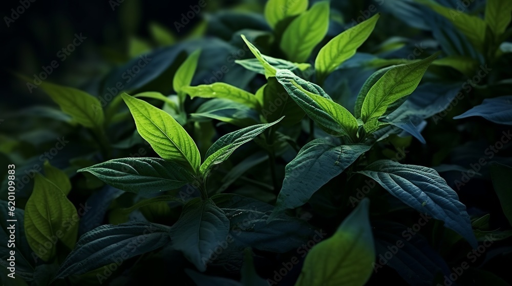 Obraz premium Close-up view of dark green leafed plants in nature, showcasing the intricate details of the leaves. Generative Ai