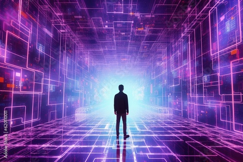 Man standing around large computer data center. Created with Generative Ai technology.