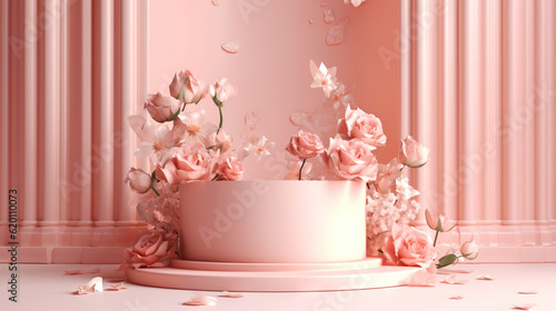 Podium with pink roses on pastel pink background to display products, gift or cosmetics. Generative AI © AngrySun