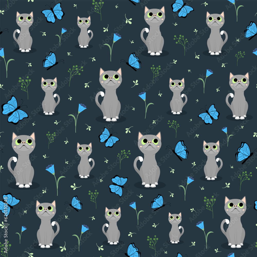 Seamless pattern with cute cat, butterflies, flowers and plants. Summer nature flat vector illustration.