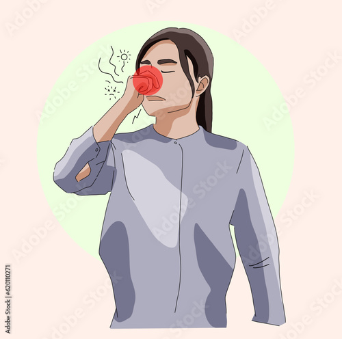 Unhealthy woman blowing nose suffer from flu or cold. Sick people struggle with health problems, have influenza or covid symptoms. Vector illustration.