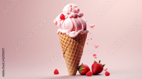 Summer food photography - Closeup of strawberry ice cream in cone, on bright pink table background (Generative Ai)