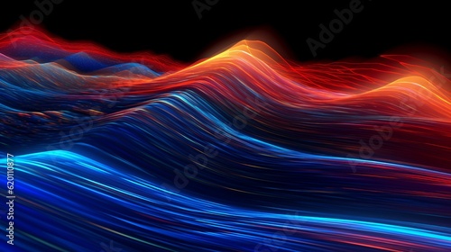 Abstract digital art composition featuring vibrant and colorful lines in varying shades of blue. Generative Ai