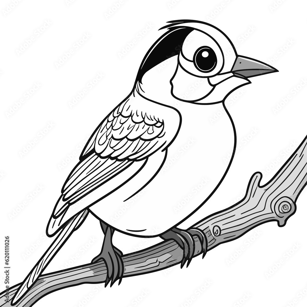 Naklejka premium 枝にとまる鳥（ブンチョウ）のモノクロ線画