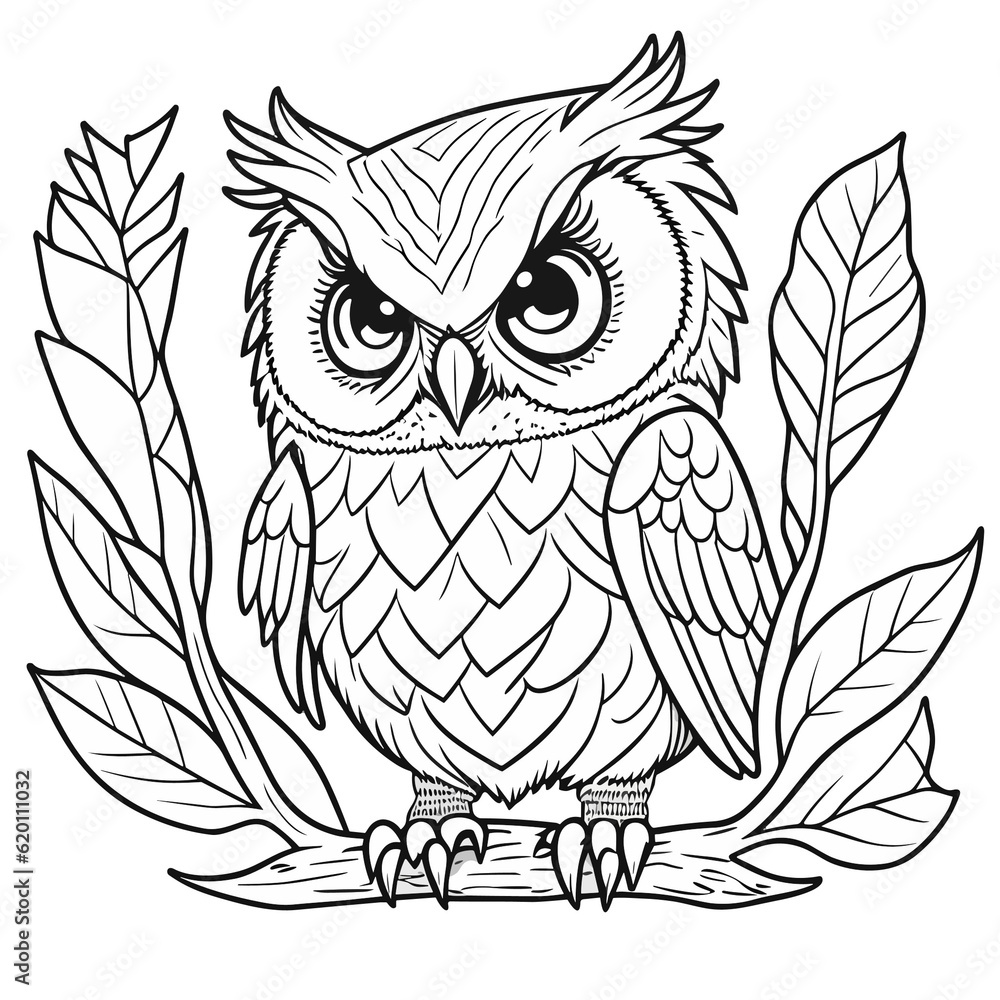 Obraz premium 枝にとまる鳥（フクロウ）のモノクロ線画