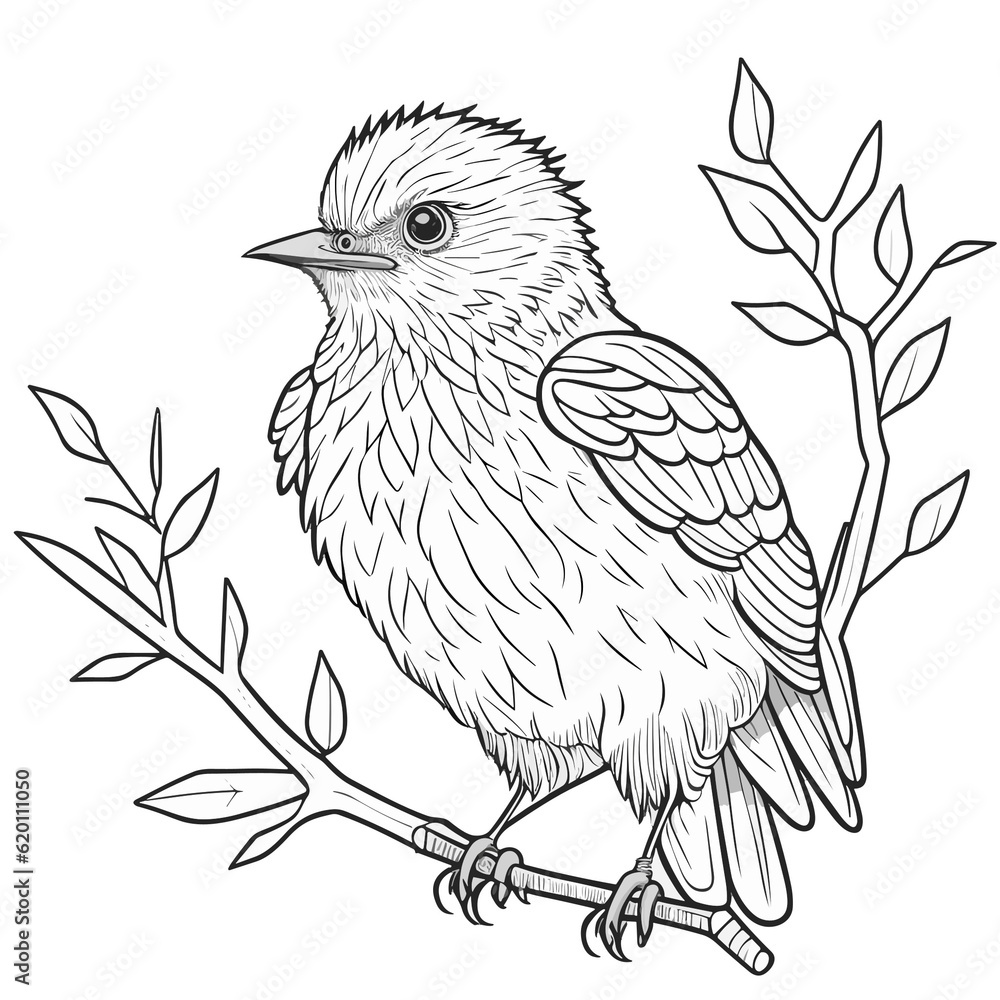 Fototapeta premium 枝にとまる鳥（ムクドリ）のモノクロ線画