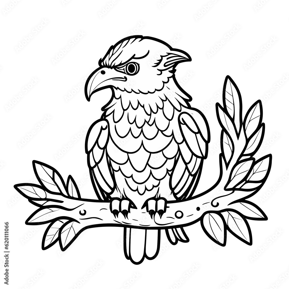 Fototapeta premium 枝にとまる鳥（ワシ）のモノクロ線画