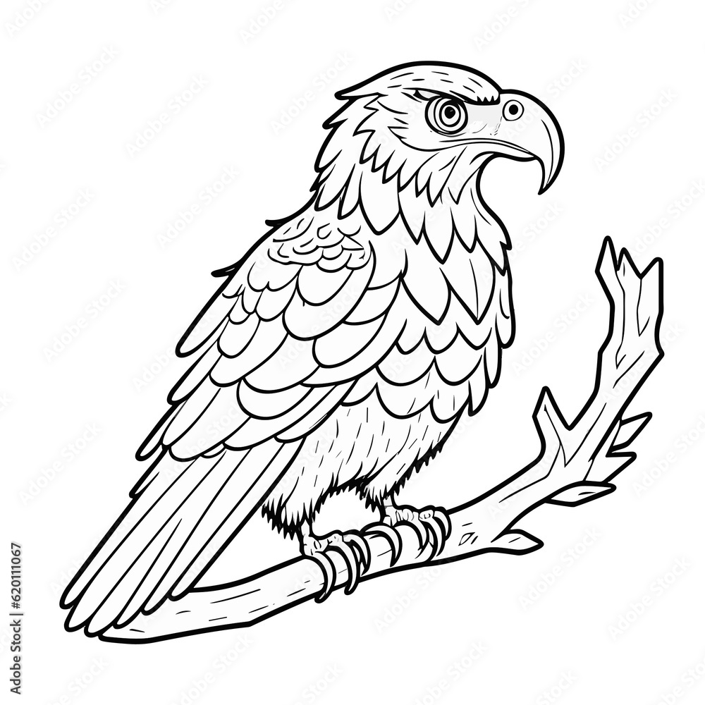 Fototapeta premium 枝にとまる鳥（ワシ）のモノクロ線画