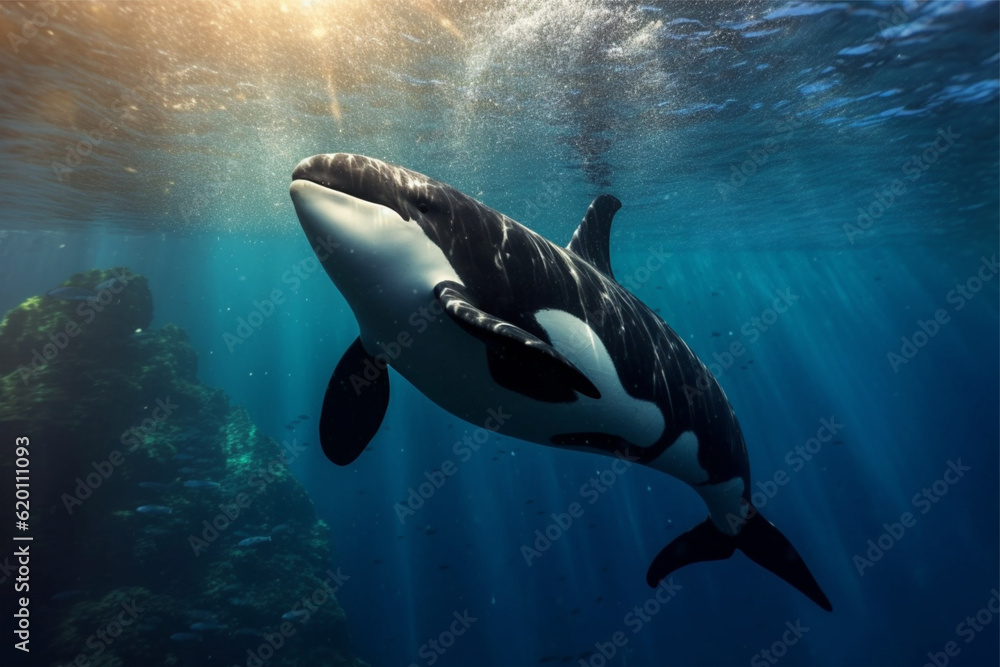 Beautiful killer whale in the deep blue ocean. 3d rendering Beautiful killer whale in the deep blue ocean. 3d rendering