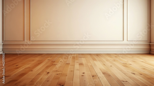 Beige wall empty apartment room with wooden floor. Copy space for product placement. Generative AI