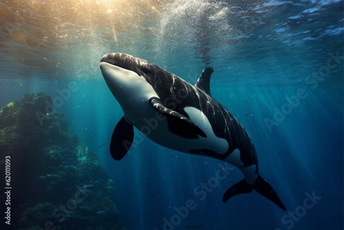 Foto Beautiful killer whale in the deep blue ocean. 3d rendering