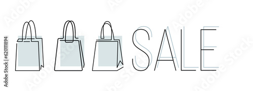 Shopping cart, one line outline illustration. Shop promotion, surprises and gifts for the day of shopping. Illustration for discount sale.