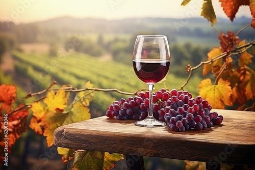 Ein Glas Rotwein auf einem Tisch neben roten Weintrauben umrahmt von herbstlich gefärbten Weinranken. Im Hintergrund ein Weinberg mit Weinstöcken.
