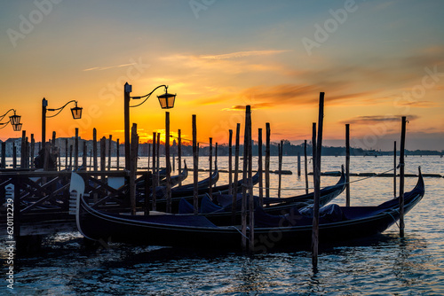 Gondolas of Venice at sunrise, Italy, Europe. © Viliam