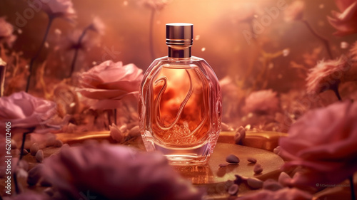 bottle of perfume with flowers in nature background  AI generated.