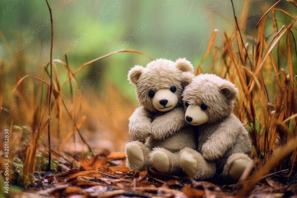 Two teddy bears share a heartfelt hug amidst the serene morning in a bamboo forest. Generative AI. Two teddy bears share a heartfelt hug amidst the serene morning in a bamboo forest. Generative AI.