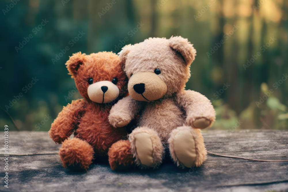 Two teddy bears share a heartfelt hug amidst the serene morning in a bamboo forest. Generative AI. Two teddy bears share a heartfelt hug amidst the serene morning in a bamboo forest. Generative AI.