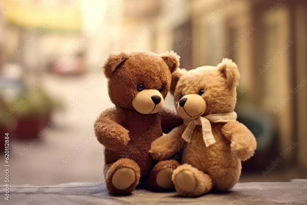 Two teddy bears share a heartfelt hug amidst the serene morning in a bamboo forest. Generative AI. Two teddy bears share a heartfelt hug amidst the serene morning in a bamboo forest. Generative AI.
