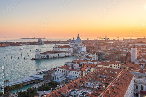 The Santa Maria della Salute basilica in Venice, view from the St. Mark's Campanile tower at sunset, Italy, Europe.