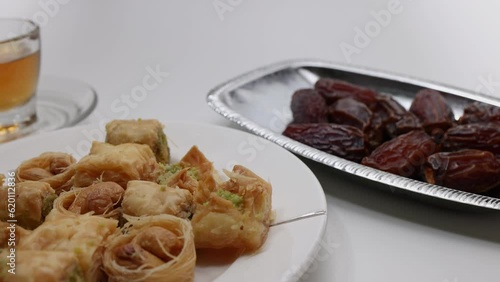 Layered stuffed pastry Baklava middle eastern sweet dessert dry ripe sweet date fruit tea in transparent glass cup saucer on white background photo