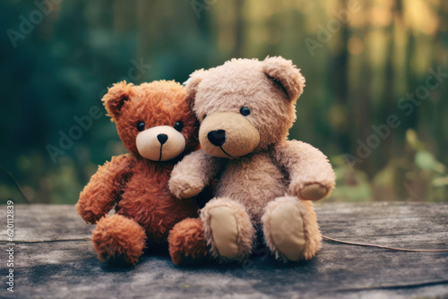 Two teddy bears share a heartfelt hug amidst the serene morning in a bamboo forest. Generative AI. © Shinonome Studio