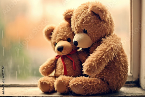 Two teddy bears share a heartfelt hug amidst the serene morning in a bamboo forest. Generative AI. © Shinonome Studio