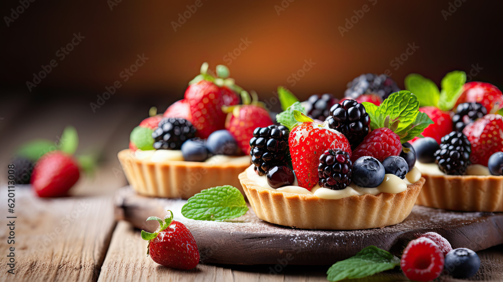 Delicious tartlets with fresh berries on wooden background. Delicious tartlets with fresh berries on wooden background.