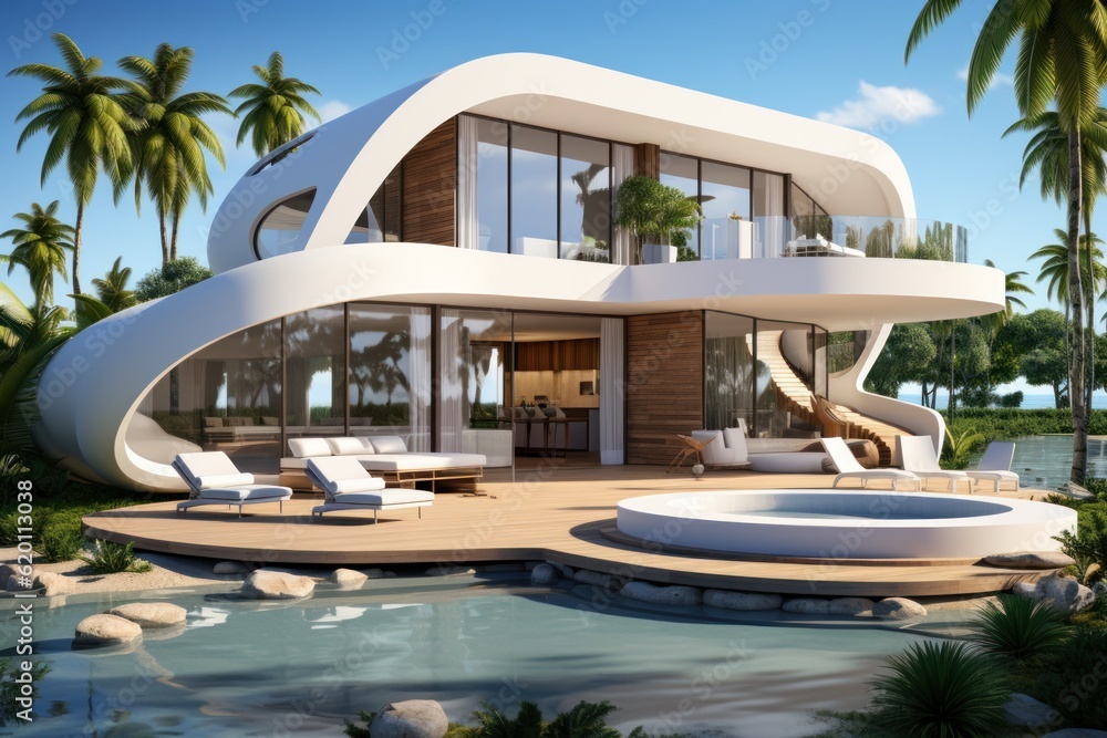 Fototapeta premium Modern villa on a tropical sandy beach among palm trees. A minimalist house with a rounded shape.