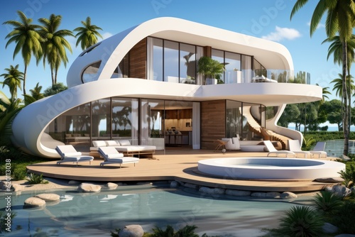 Modern villa on a tropical sandy beach among palm trees. A minimalist house with a rounded shape. © sirisakboakaew