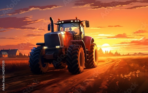 A tractor driving down a dirt road at sunset. AI