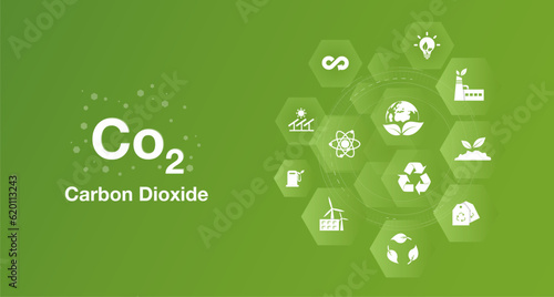 Environmental CO2 Concept Global Warming Sustainable Development and green business from renewable energy vector background image with flat icon vector illustration.