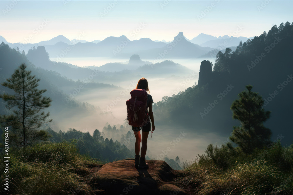 Captivating photo capturing a girl hiking in the serene morning mountains. Generative AI. Captivating photo capturing a girl hiking in the serene morning mountains. Generative AI.
