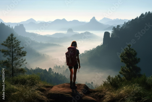 Captivating photo capturing a girl hiking in the serene morning mountains. Generative AI.