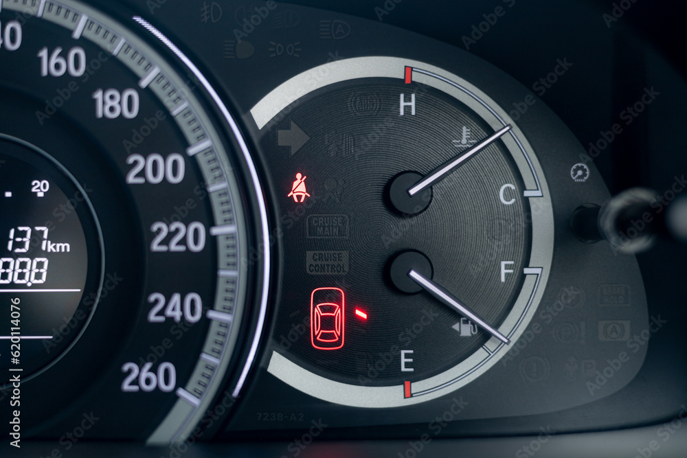 Screen display of car status warning light on dashboard panel symbols which show the Seat belt and Open car doors on right side has alert. car safety concept, vehicle check and control.