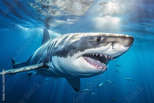 Great white shark swimming underwater  generative ai